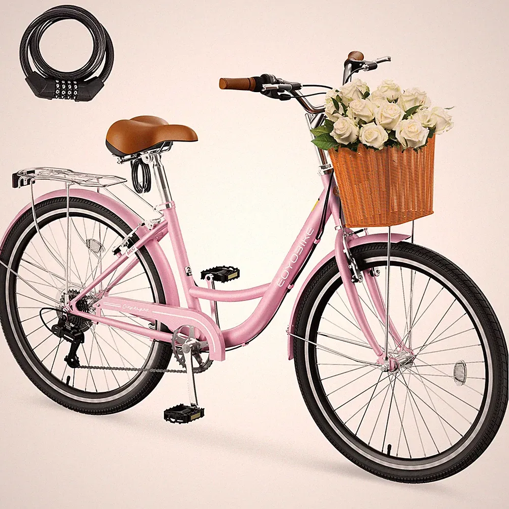 EOYOBIKE Beach Cruiser Bike for Adult 24 inch 7 Speed Commute Bike With Basket