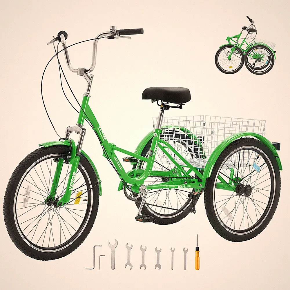 VEVOR Folding Adult Tricycle 24" 7-Speed Adult 3 Wheel Trikes Carbon Steel Green